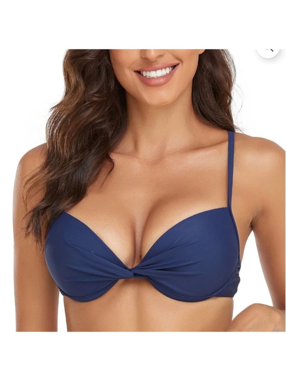 Womens Med Navy Blue Push-Up Bikini Top Twist Front Adj Straps Underwire Support